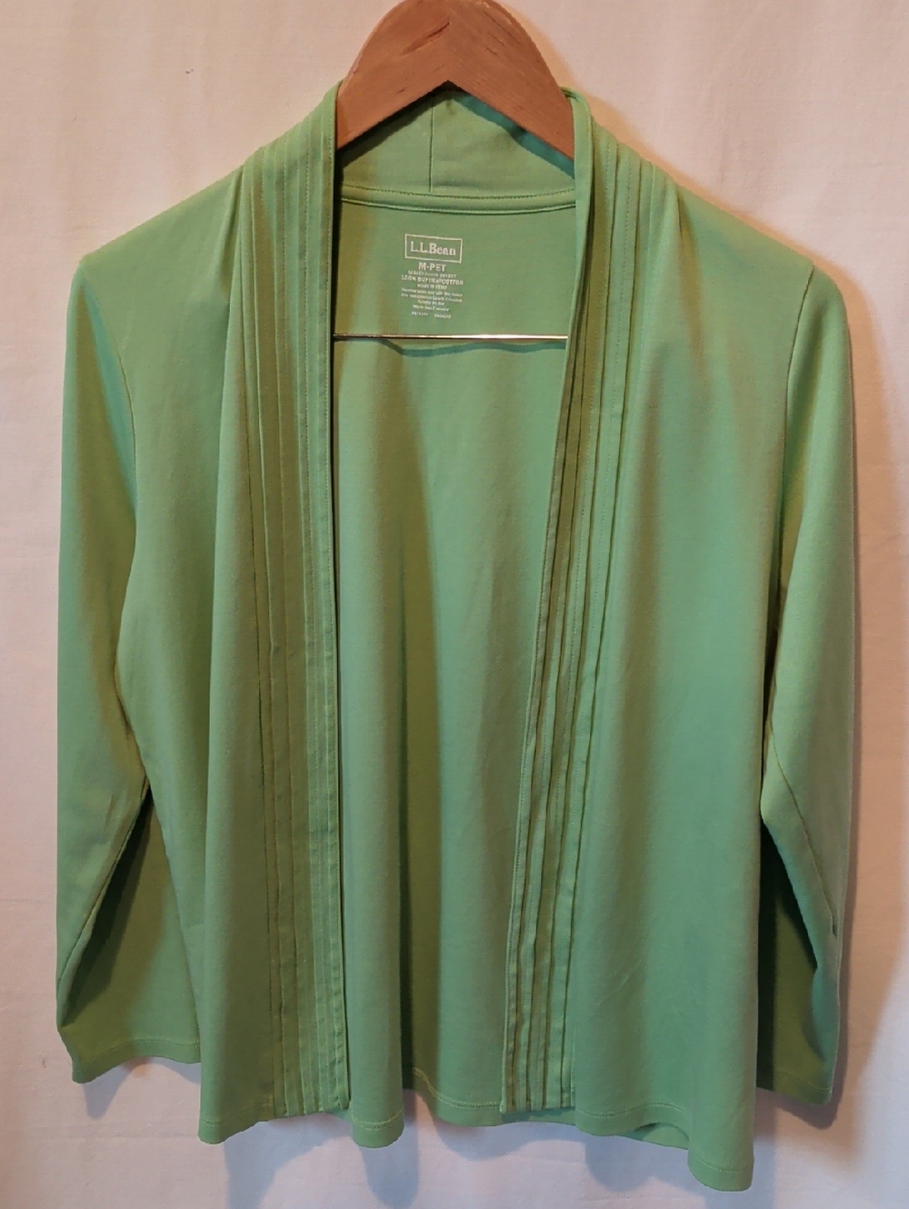 L.L. Bean Light Green Pintuck Open Cardigan